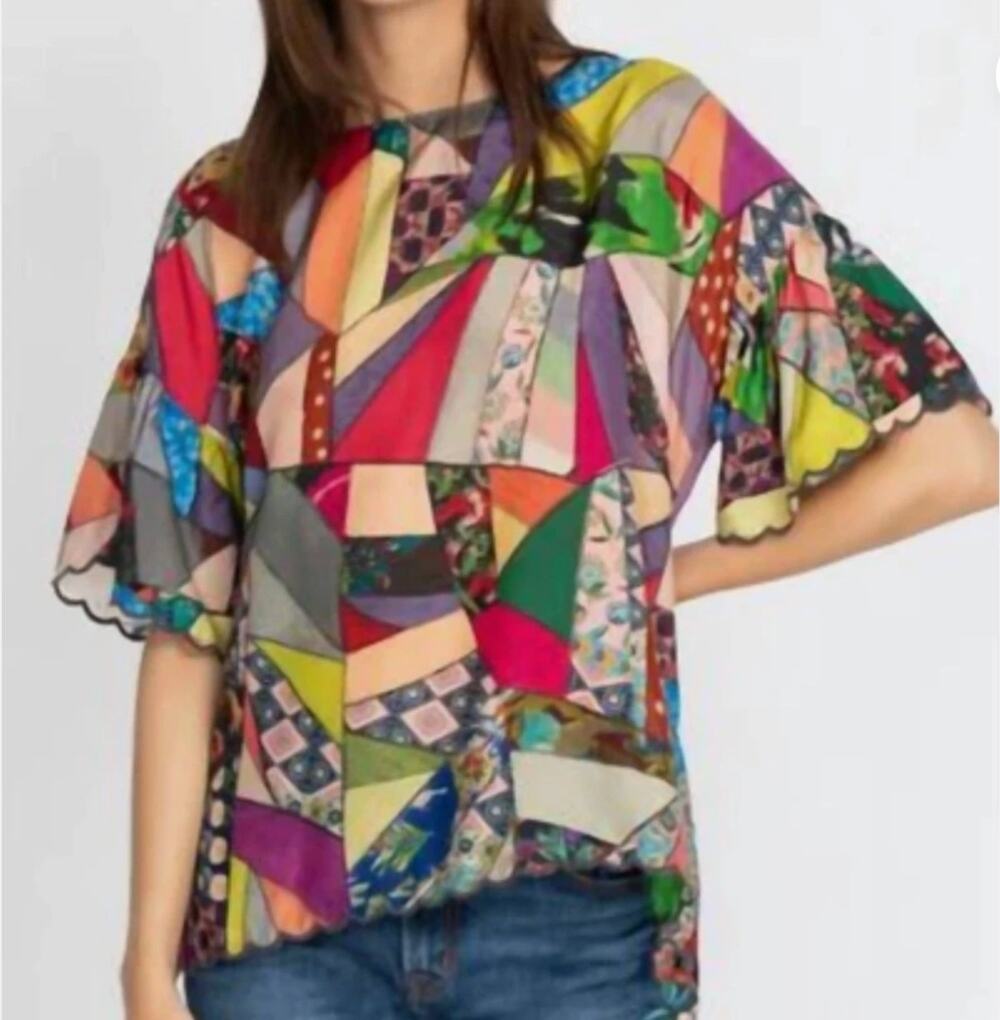 Johnny Was Eloise Blouse Women Size M Multi-Color Silk Patchwork Scalloped Poet